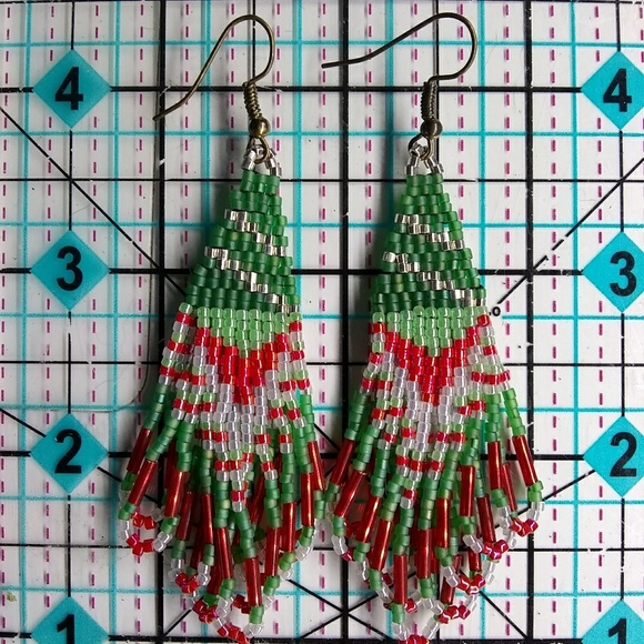 Artisan Christmas Holiday Tree Fringe Earrings - Picture 6 of 7